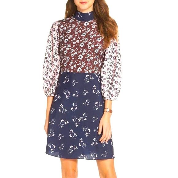 NWT 1901 ColorBlock Floral Mock Neck Mini Dress - Picture 1 of 8
